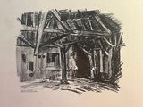un dessin en noir et blanc représentant un bâtiment avec une entrée