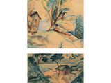 deux aquarelles représentant une maison et un arbre dans un champ