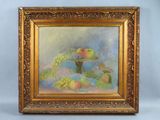 an oil painting of a bowl of fruit on a table