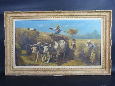 une image représentant un tableau où l'on voit un paysan et ses bœufs dans un champ