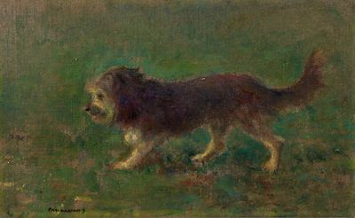une peinture à l'huile représentant un chien courant dans l'herbe, un frisbee dans la gueule