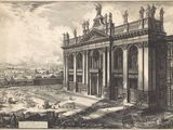 un vieux dessin représentant un grand bâtiment avec des colonnes et une tour horloge