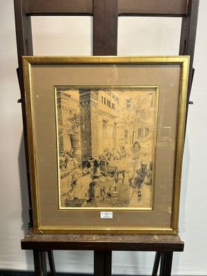 tableau encadré représentant un dessin d'une scène de rue avec des personnes assises sur un banc