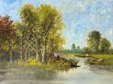 painting of a painting of a man fishing in a river