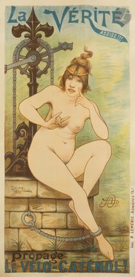 une vieille affiche représentant une femme nue assise sur un mur
