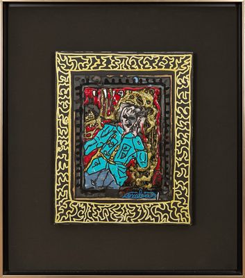 tableau représentant un homme en costume bleu assis sur une chaise