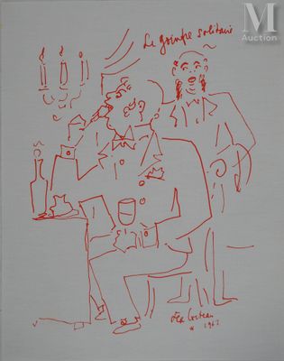 dessin représentant un groupe d'hommes assis à une table, un verre à la main