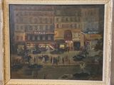 une peinture à l'huile représentant une scène de rue en ville avec des gens et des voitures