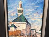 tableau représentant une église avec un clocher, dans un cadre noir