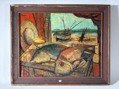 une peinture à l'huile représentant un poisson posé sur une table à côté d'une chaise