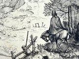 a drawing of a man riding a horse on the side of a hill