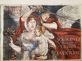 tableau représentant une femme tenant un bébé dans ses bras et un homme tenant une épée