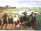 a painting of a group of people working in a field