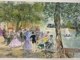 une peinture représentant un groupe de personnes assises sur un banc