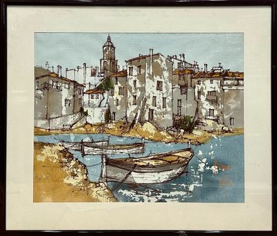 a picture of a painting of a town by the water