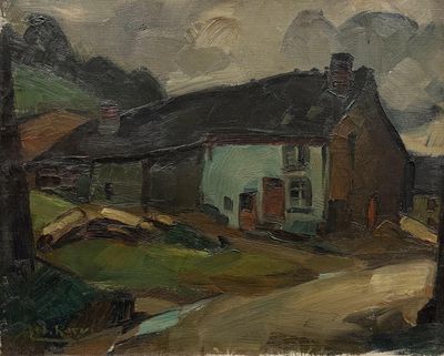 an oil painting of a house on a hill with a stream running through it