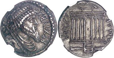 a silver coin with an image of a man in a cage on it