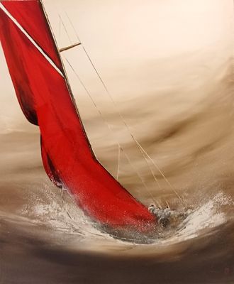une peinture représentant un voilier rouge sur l'eau