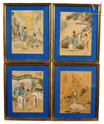 quatre peintures chinoises encadrées représentant des femmes et des hommes dans un style oriental