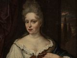 tableau représentant une femme en robe bleue tenant un objet marron