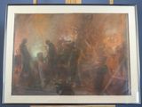 painting of a group of people in a room with a painting on a easel