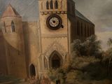 a painting of a large building with a clock on it