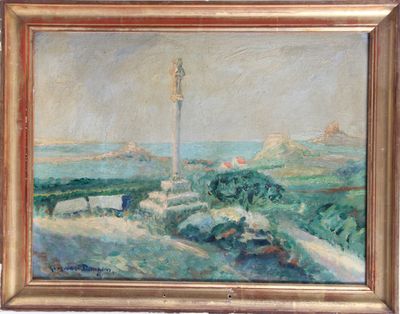 an oil painting of a view of a lighthouse in the distance