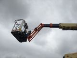 a man on a cherry picker working on a cloudy day