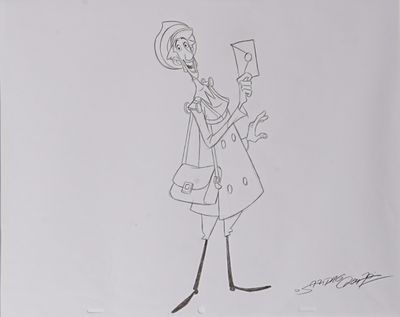 dessin de bande dessinée représentant une femme en manteau et chapeau, tenant un téléphone portable