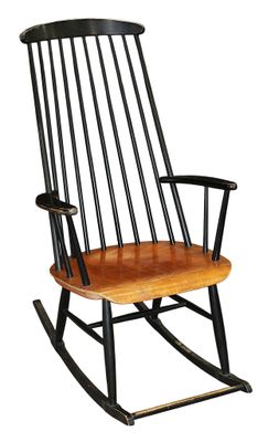 black rocking chair with wooden seat and arms on a white background