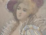 painting of a woman wearing a purple hat and a blue dress