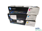 three hp 130a toner cartridges are stacked on top of each other