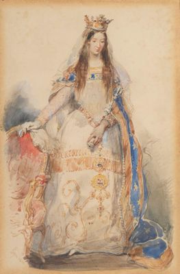 un tableau représentant une femme en robe blanche, coiffée d'une couronne