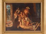 an image of a painting of a family in a barn