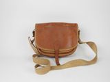 an old brown leather purse with a strap on a white background