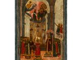 une image représentant un tableau d'une église avec un prêtre et d'autres personnes