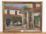 a painting of a courtyard with a fountain in the middle of it