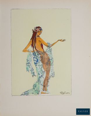tableau représentant une femme vêtue d'une robe bleue et blanche, tendant la main