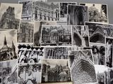 several black and white photos of a bunch of buildings on a table