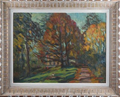 une peinture à l'huile représentant un arbre dans un champ avec une maison à l'arrière-plan