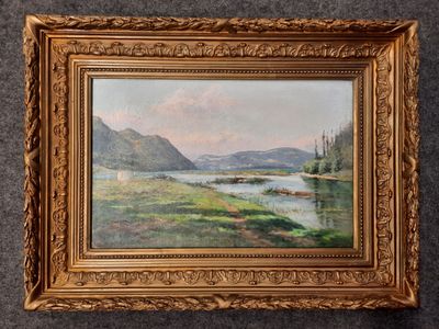 peinture d'un paysage avec une rivière et des montagnes en arrière-plan