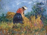 an oil painting of a woman in a field with a bale of hay