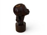 sculpture of a woman ' s head on a wooden base on a white background