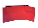 three red folders on a white background with one open and the other closed