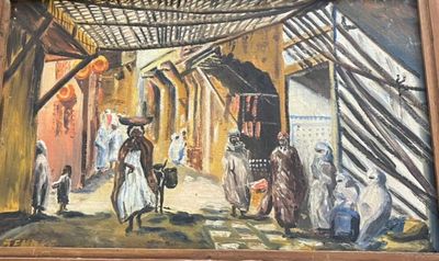 un tableau représentant un homme à cheval dans un marché