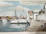 a painting of boats in a harbor with buildings in the background