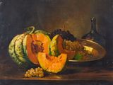 tableau représentant une nature morte composée d'un melon, de raisins et d'une bouteille