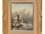 an image of a painting of a windmill on a frozen lake
