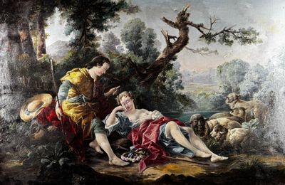 a painting of a man and a woman laying on the ground