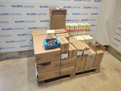 many boxes of food sitting on a pallet in a warehouse